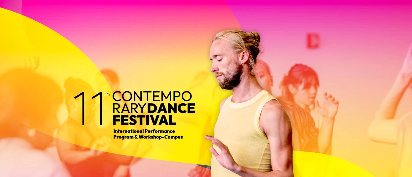 TanzFaktur Sommerakademie 2026 Tänzer in gelbem Oberteil vor pink-gelber Grafik zum zeitgenössischen Tanzfestival