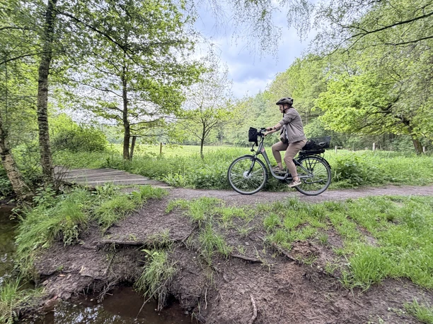 E-Bike-Tour entlang eines Waldbachs.jpg Eine Person fährt mit dem E-Bike auf einem Weg durch den Wald an einem Bach entlang.