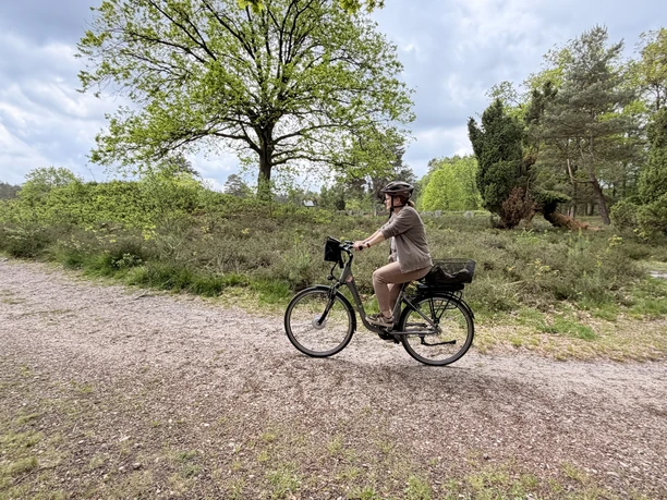 Mit dem E-Bike durch die Natur Eine Person mit Helm fährt auf einem E-Bike über einen Schotterweg durch die Heidelandschaft.
