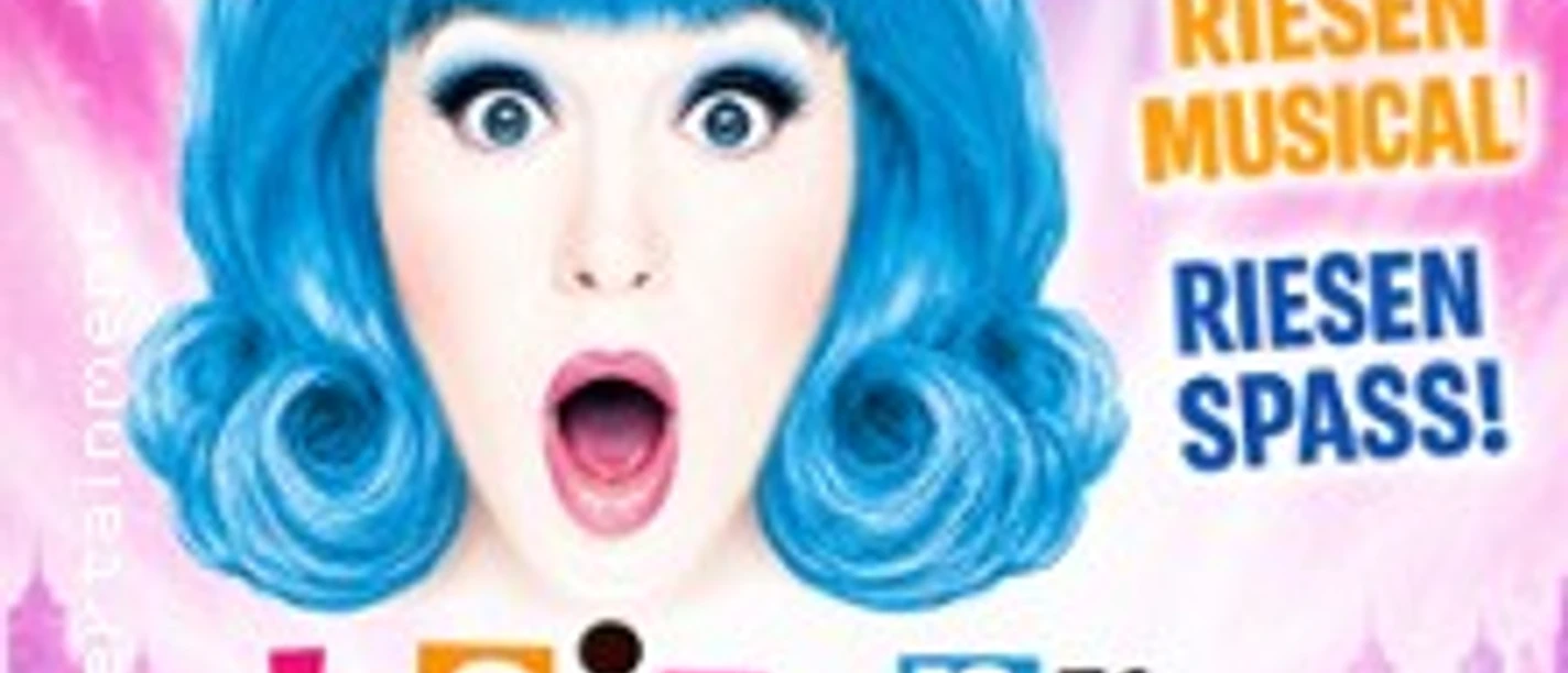 Buntes Hairspray-Musicalplakat mit Frau, blauer Perücke und überrascht geöffnetem Mund