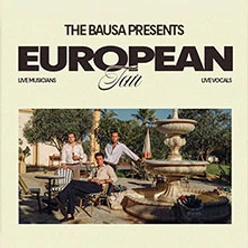 Tourplakat „The Bausa Presents European Tour“ mit zwei Personen an einem Brunnen.