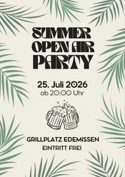 SummerOpenAirParty 2026.jpeg Plakat zur Summer Open Air Party am 25. Juli 2026, 20 Uhr, Eintritt frei, mit Palmblättern