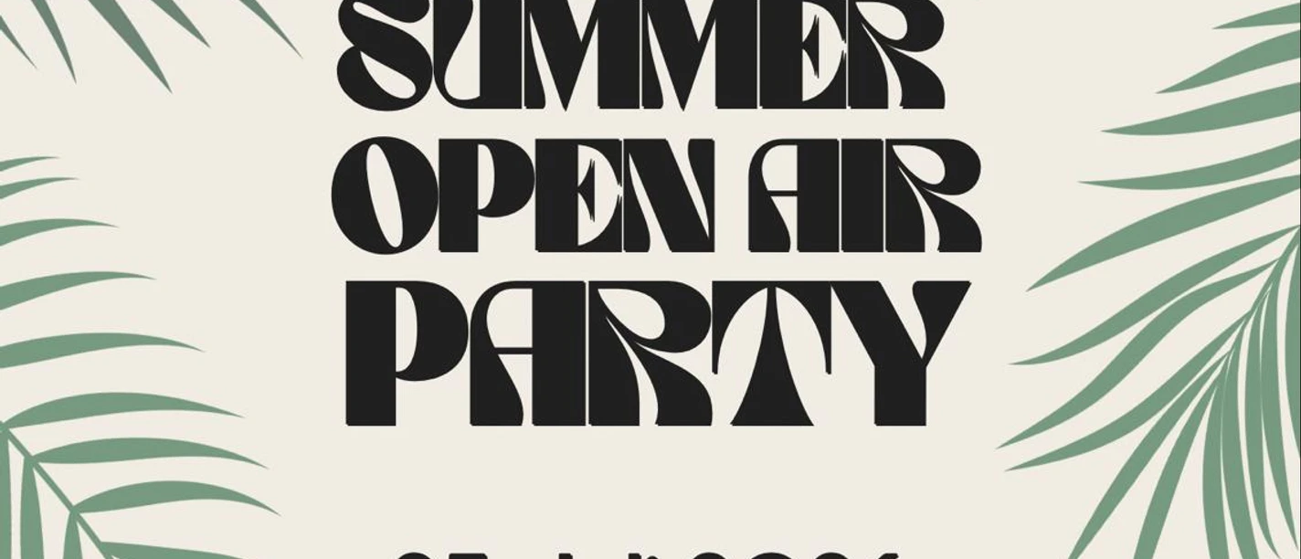SummerOpenAirParty 2026.jpeg Plakat zur Summer Open Air Party am 25. Juli 2026, 20 Uhr, Eintritt frei, mit Palmblättern