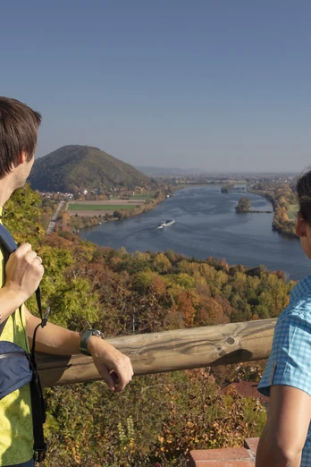 Blick Richtung Walhalla Wanderer blicken von einem Geländer aus auf die Walhalla und die umliegende Flusslandschaft.