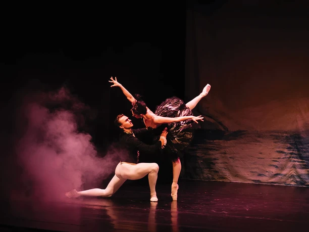Swan Lake - Beyond the Stage A ballet duo from *Swan Lake* performs a dramatic lift against a dark stage and fog