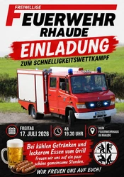 Feuerwehr Rhaude Plakat der Feuerwehr Rhaude zum Schnelligkeitswettkampf mit rotem Einsatzfahrzeug