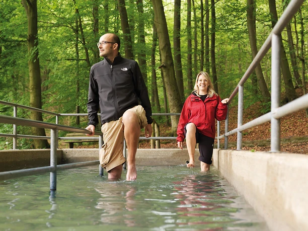Bad Driburg-Wandern-Sachsenring-Kneipen im Wald-Bad Driburger Touristik GmbH-U.Poelert.jpg Zwei Personen beim Wassertreten im Kneippbecken an der Bollerwien-Quelle im Wald.
