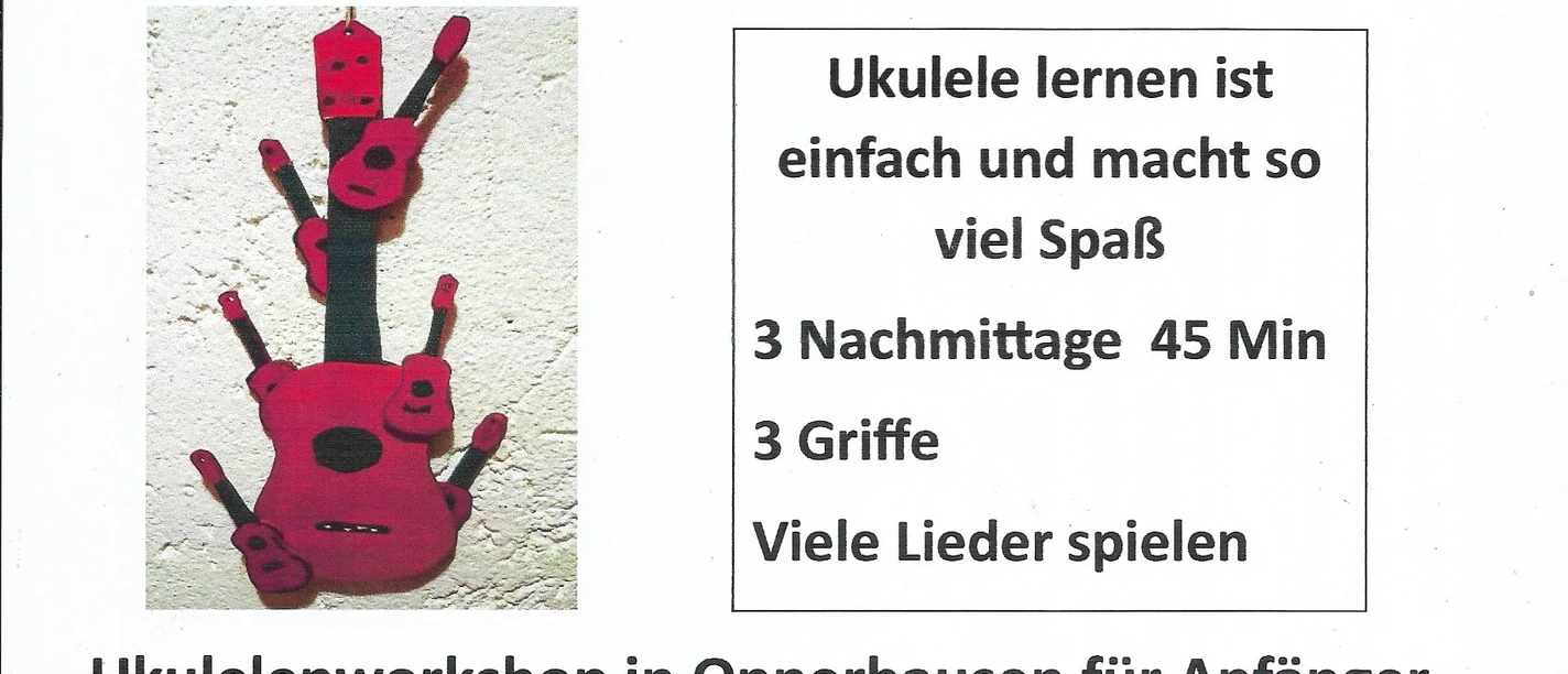 Plakat zum Ukulelenworkshop in Opperhausen mit roter Ukulele und Terminen