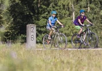 Am Falkenstein-Radweg im Regensburger Land Zwei Fahrradfahrer sind unterwegs auf dem Falkensteinradweg und passieren einen der typischen Grenzsteine