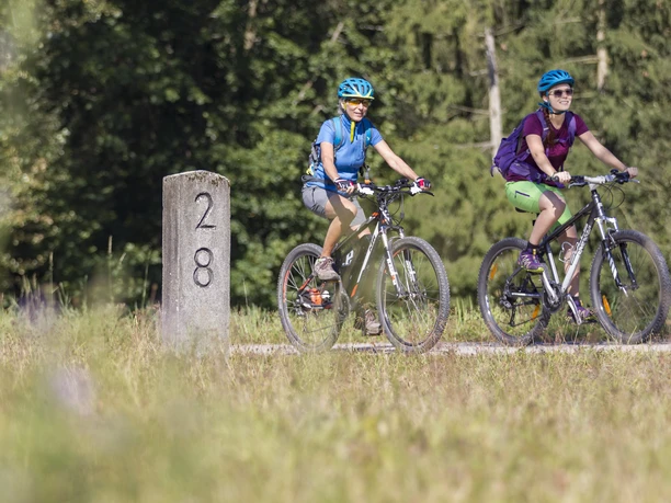 Am Falkenstein-Radweg im Regensburger Land Zwei Fahrradfahrer sind unterwegs auf dem Falkensteinradweg und passieren einen der typischen Grenzsteine
