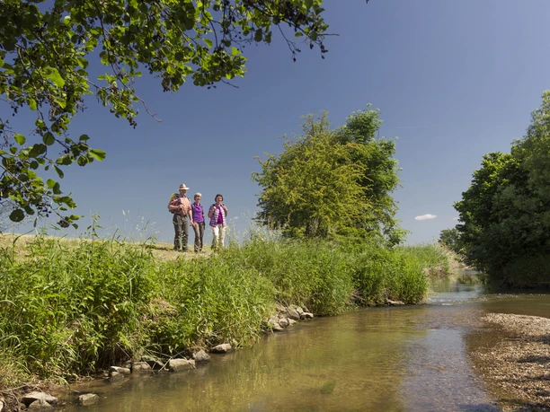 An der Großen Laber Drei Personen wandern entlang eines Flusses, umgeben von Bäumen und klarem Himmel.