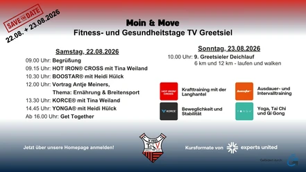 TV Greetsiel Fitness- und Gesundheitstage 2026 Poster for Moin & Move: TV Greetsiel's Fitness and Health Days on August 22 and 23, 2026