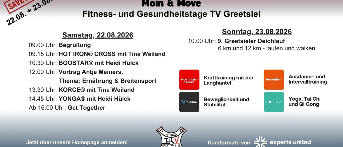 TV Greetsiel Fitness- und Gesundheitstage 2026 Plakat für Moin & Move: Fitness- und Gesundheitstage des TV Greetsiel am 22. und 23.08.2026