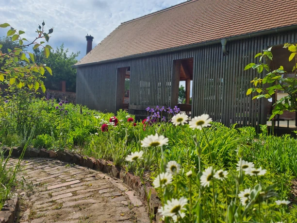 Blick auf ein Holzhaus mit Blumenbeet