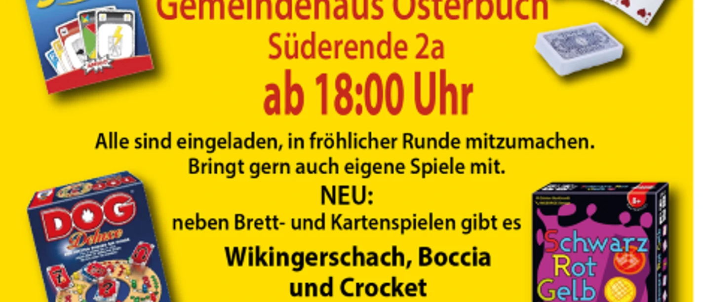 Spieleabend_2026_08_07_neu.png Gelbes Plakat zum Sommer-Spieleabend am 7. August 2026 mit Karten-, Brett- und Hofspielen