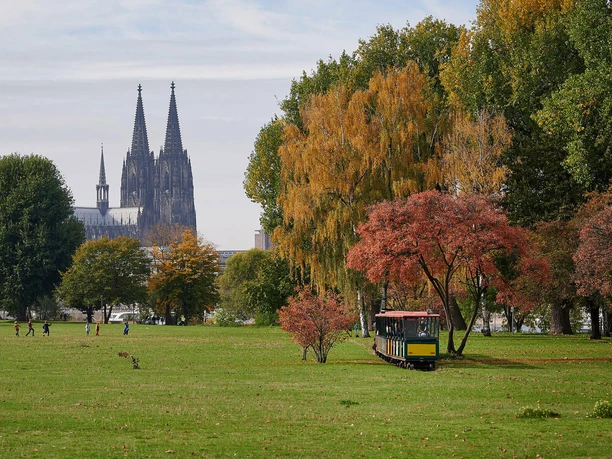 Bimmelbahn im Rheinpark Bimmelbahn im herbstlichen Rheinpark mit Blick auf den Kölner Dom