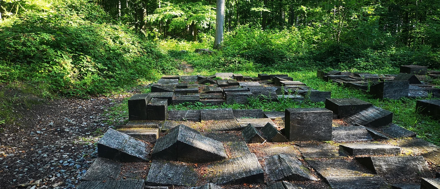 Parkettinsel am Nieheimer Kunstpfad Aus unterschiedlich hohen und schrägen Holzklötzen zusammengesetztes Parkett im Wald. Quadratisch als begehbares Kunstwerk gelegt.