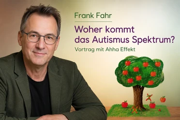 Theater Sehr kleines Haus: Autismus Vortrag Frank Fahr neben Vortragstitel „Woher kommt das Autismus Spektrum?“ und Apfelbaum-Grafik