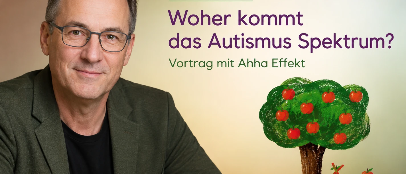 Theater Sehr kleines Haus: Autismus Vortrag Frank Fahr neben Vortragstitel „Woher kommt das Autismus Spektrum?“ und Apfelbaum-Grafik