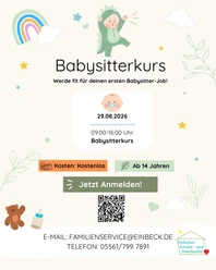 Babysitterkurs 2026.jpg Plakat zum Babysitterkurs am 29.08.2026, 9 bis 16 Uhr, kostenlos, ab 14 Jahren.
