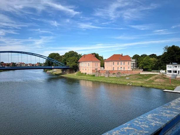 Hoya Count's Castle on the Weser River, with its castle wall and blue bridge