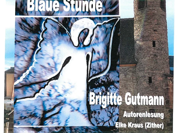 Plakat der Lesung im Klauskirchl mit Engel auf blauem Hintergrund