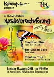 selected_csm_cropmiddle_flyer_holzhausen26_A5_ba6df974f0.png Flyer zur 4. Holzhauser Musikverschwörung am 29. August 2026 mit Bands und Gitarre