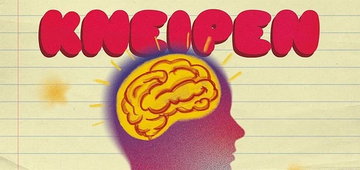 Roter Schriftzug „Kneipen“ über Kopf-Silhouette mit leuchtendem Gehirn