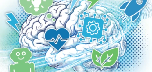 Gehirn mit Symbolen für KI, Technik, Gesundheit, Nachhaltigkeit und Ideen