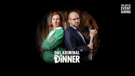 The Murder Mystery Dinner in Cologne Two actors with handcuffs and a rope, "Das Kriminal Dinner" logo