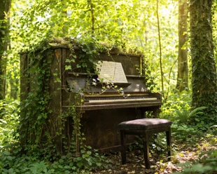 Klavier_im_Wald_quadratisch.png Von Efeu überwachsenes Klavier mit Notenblatt und Hocker im sonnigen Wald.