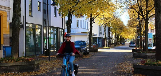 Radfahrerin auf herbstlicher Allee mit Bäumen und Stadtbebauung