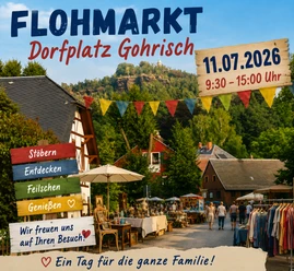 Flohmarkt Man sieht einen Platz, wo ein Flohmarkt stattfindet.