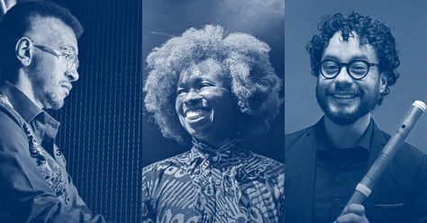 A blue-tinted portrait of the Afroclassical Project featuring a singer, flutist, and musician