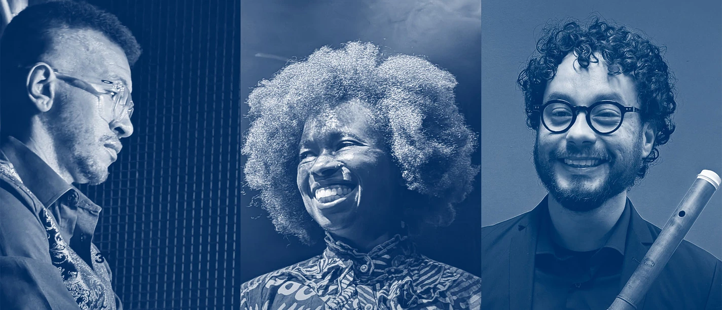 Aitua Igeleke, Marcos Costa und Jorge Silva Blau getöntes Porträt des Afroclassical Project mit Sängerin, Flötist und Musiker