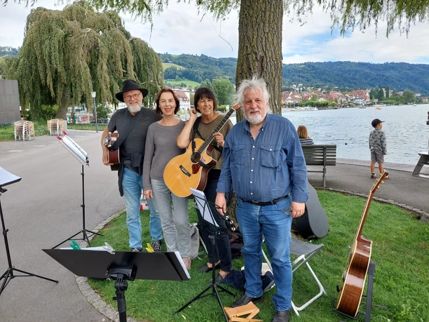 Road Affair.jpeg 4 Musiker stehen mit Gitarre auf einer grünen Wiese vor einem Baum und See