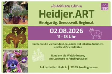 Heidjer.ART 2026 in Amelinghausen regionale produkte aus der lüneburger heide, darunter ein hörner aus metall und brote mit lilafarbenen kräutern und gelben blüten