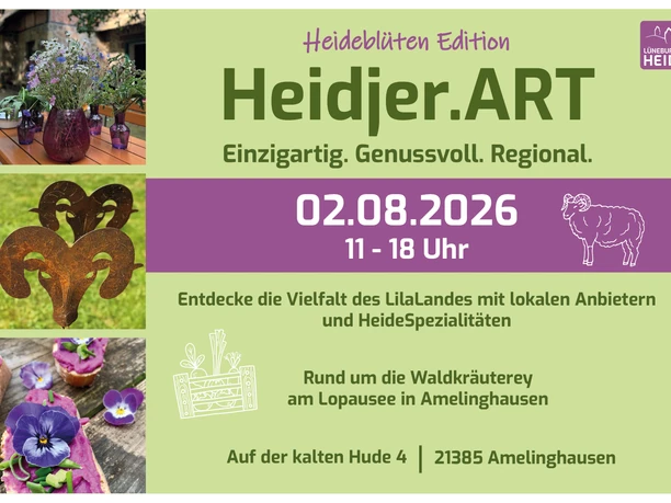 Heidjer.ART 2026 in Amelinghausen regionale produkte aus der lüneburger heide, darunter ein hörner aus metall und brote mit lilafarbenen kräutern und gelben blüten