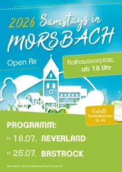 Samstags in Morsbach Plakat zum Open Air „Samstags in Morsbach“ 2026 mit Terminen und Bands auf blaugrünem Design.