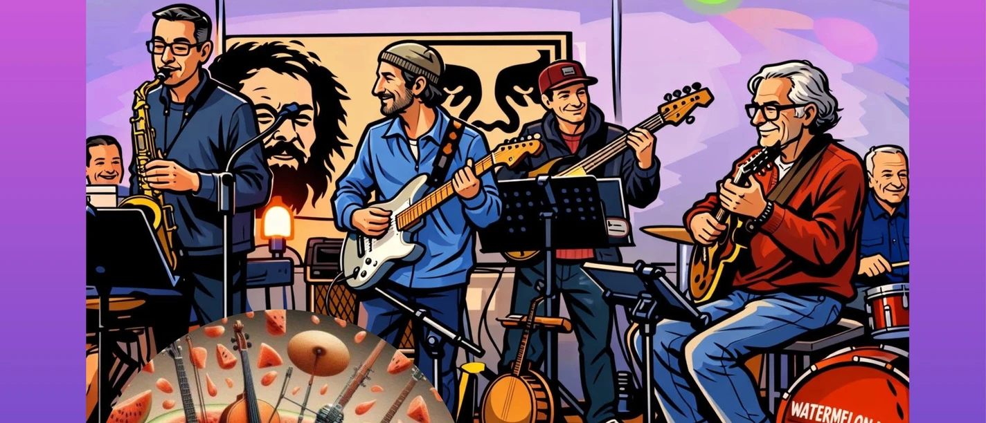 Watermelon men Plakat zum Konzert der Watermelon Men mit Bandillustration und Wassermelonen-Motiv