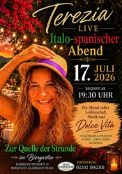 Italo-Spanische Nacht mit TEREZIA Plakat mit lächelnder Frau im Strohhut: Terezia Live, Italo-spanischer Abend am 17. Juli