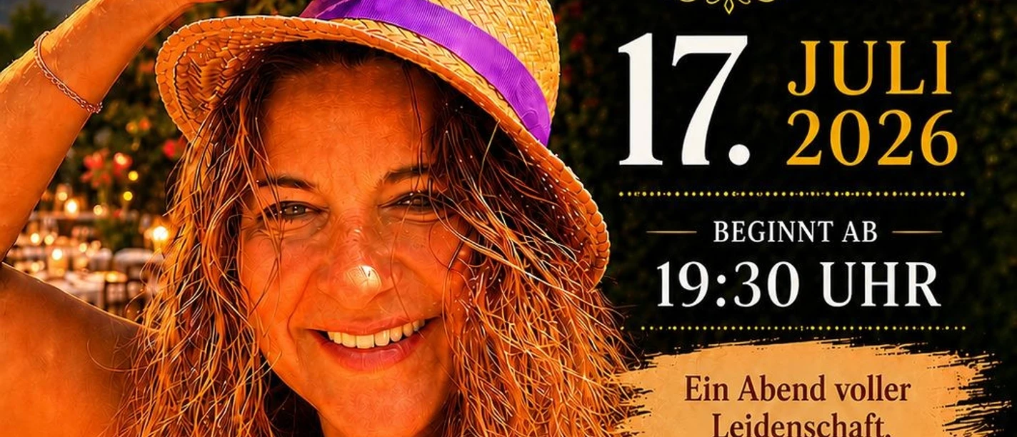 Italo-Spanische Nacht mit TEREZIA Plakat mit lächelnder Frau im Strohhut: Terezia Live, Italo-spanischer Abend am 17. Juli