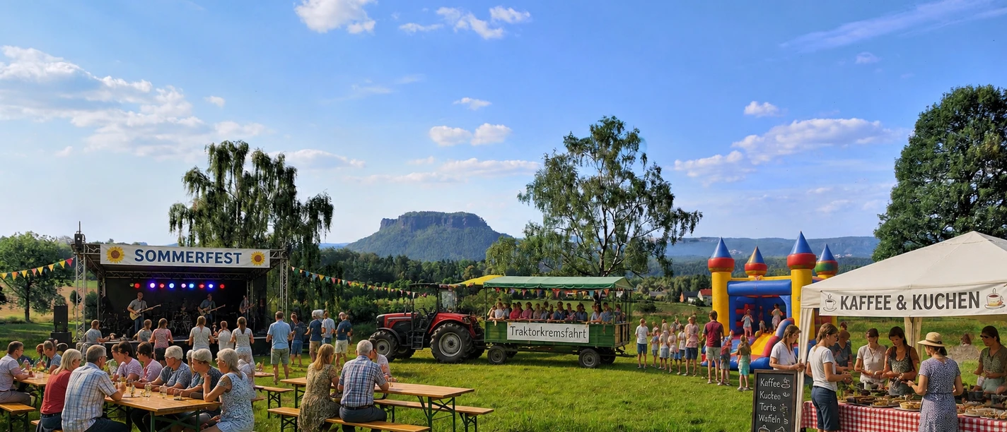 sommerfest Man sieht eine Wiese mit fröhlichen Menschen, die feiern