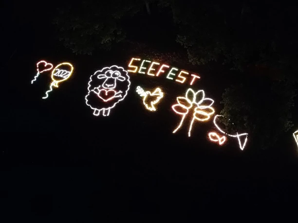 2025_Seefest-Behringen (1).jpg Light-up figures bearing the words “Seefest” glow among the treetops at night.