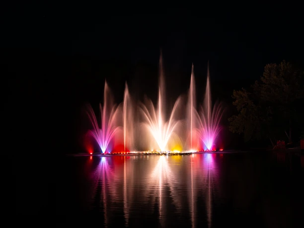 2025_Seefest-Behringen (2).jpg Bunte Wasserfontänen mit Lichteffekten spiegeln sich nachts im Brunausee in Behringen..