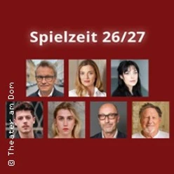 Rotes Theaterplakat „Spielzeit 26/27“ mit sieben Porträts des Ensembles