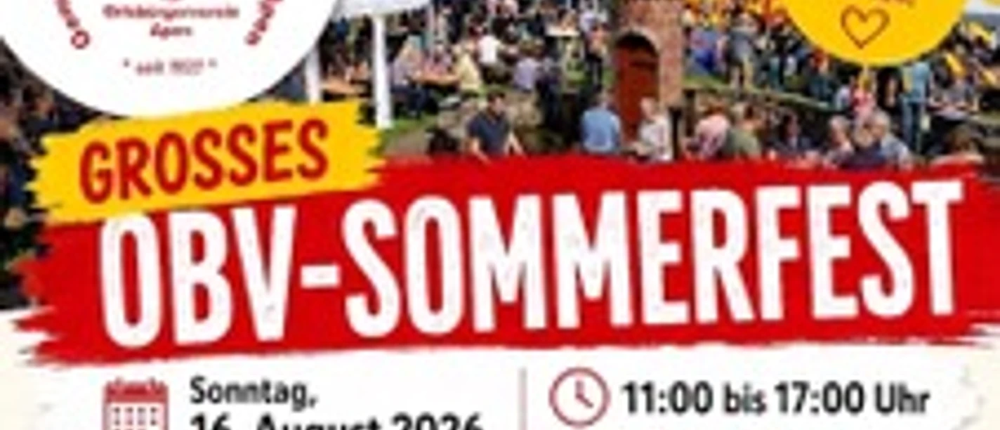 SommerfestAkt.jpeg Affiche voor het OBV-zomerfeest op 16 augustus 2026 in Apen, met een programma voor gezinnen.