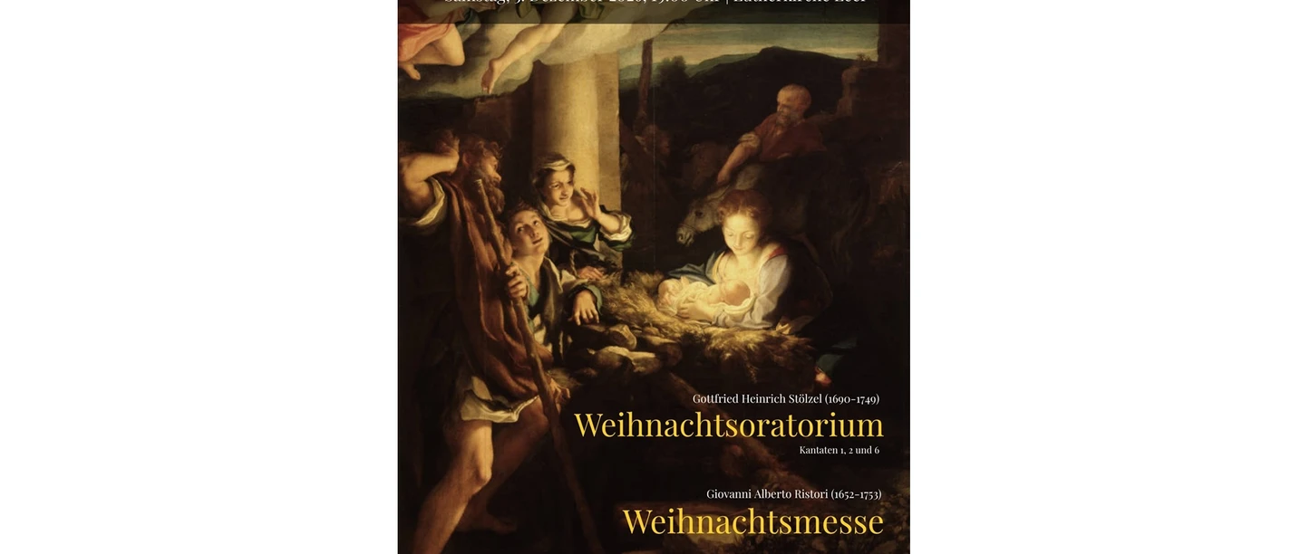 Konzertplakat mit Krippenszene für Weihnachtsoratorium und Weihnachtsmesse in Leer.