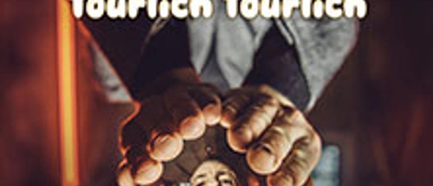 Konzertplakat zu DAS BO Tourlich Tourlich mit Schriftzug und kopfüber gespiegeltem Porträt