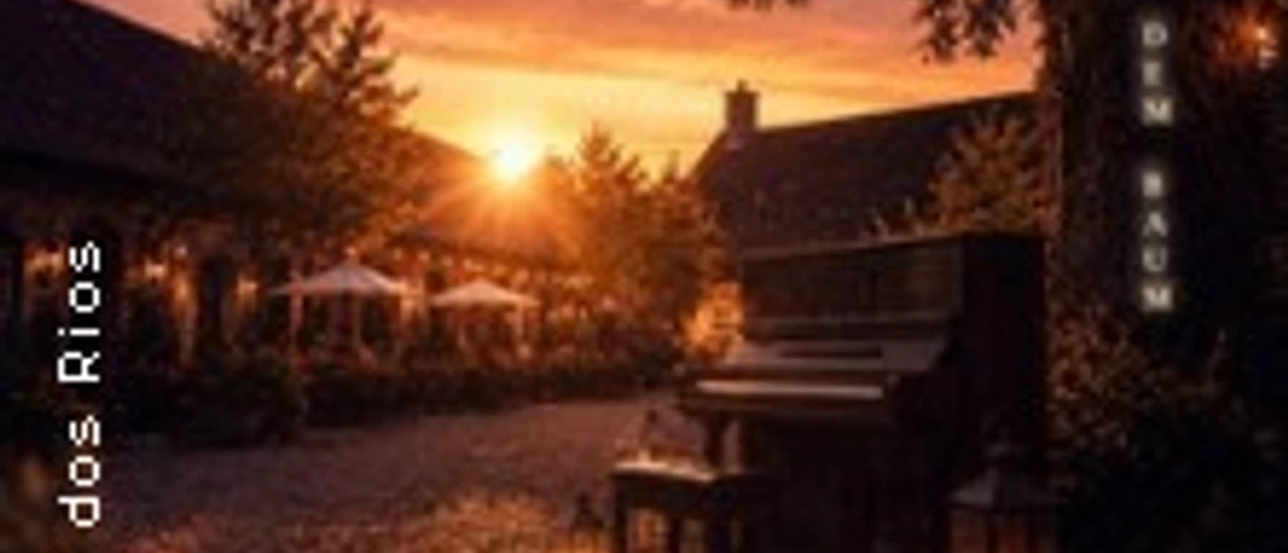 Plakat zum Sommerkonzert mit Klavier, Baum und Sonnenuntergang im Eltzhof
